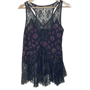 Free People Womens XS Tank Top Black Floral Lace Trim Sleeveless Casual